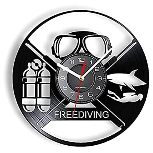 Reloj de pared sin sonido de tictac, silencioso, moderno, disco de vinilo, relojes de pared, apnea bajo el mar, inspirado en el vinilo, LP, reloj de pared, cilindro de oxígeno, gafas, tiburón, animal,