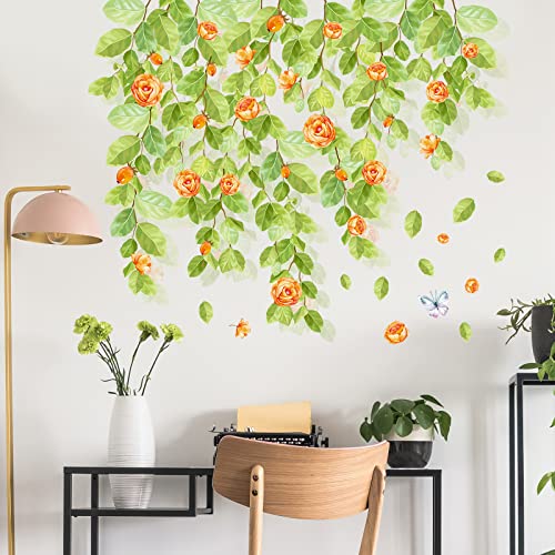 Green Leaves Wall Decals Hanging Vine Wall Sticker Orange Flower Wall Decal Plant Floral Wall Stickers Diy Peel And Stick Wall Stickers Waterproof Vinyl For Bedroom Nursery Decor #TOP1
