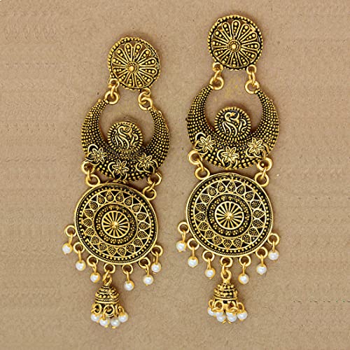 Image of Nakabh Traditional Gold Plated Oxidised Alloy Jhumki Earrings for Women Stylish