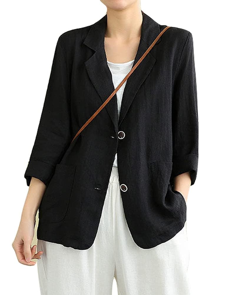 IDEALSANXUN Cotton Linen Blazer for Womens Long Sleeve Loose Casual Blazer Jackets