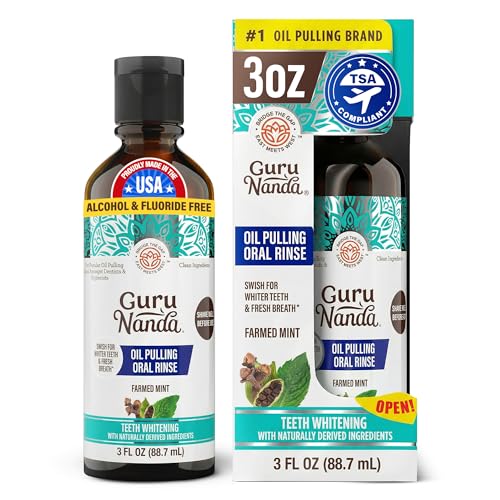 GuruNanda Travel Size CocoMint Oil Pulling Mouthwash, 7 Essential Oils & Vitamins, Promotes Fresh Breath & Happy Gums, No Alcohol & Fluoride, 3 oz