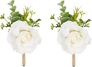 Meldel Ivory White Rose Boutonnieres for Men Wedding, Set of 2, Artificial Corsage for Prom, Groom and Groomsmen Boutonniere for Ceremony, Formal Dinner Party, Fall Rustic Wedding, Homecoming