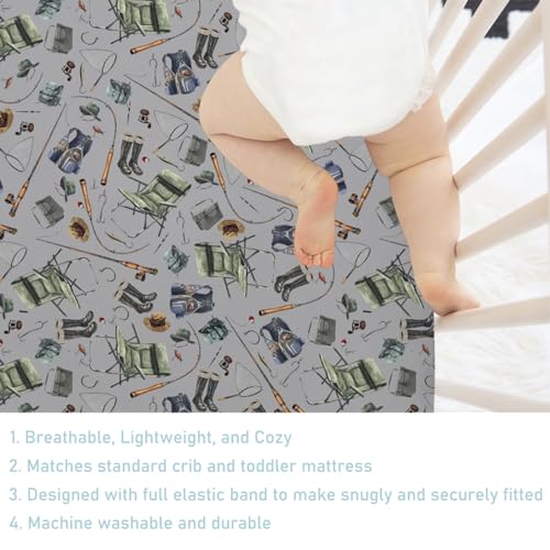 Image of Fishing Baby Crib Sheets 52''x28'' - Snug Fitted Mattress Sheet for Boy Girl Nursery Bedding Decor - Soft Sheets for Standard Crib and Toddler Mattresses - Fishing Lovers Gift