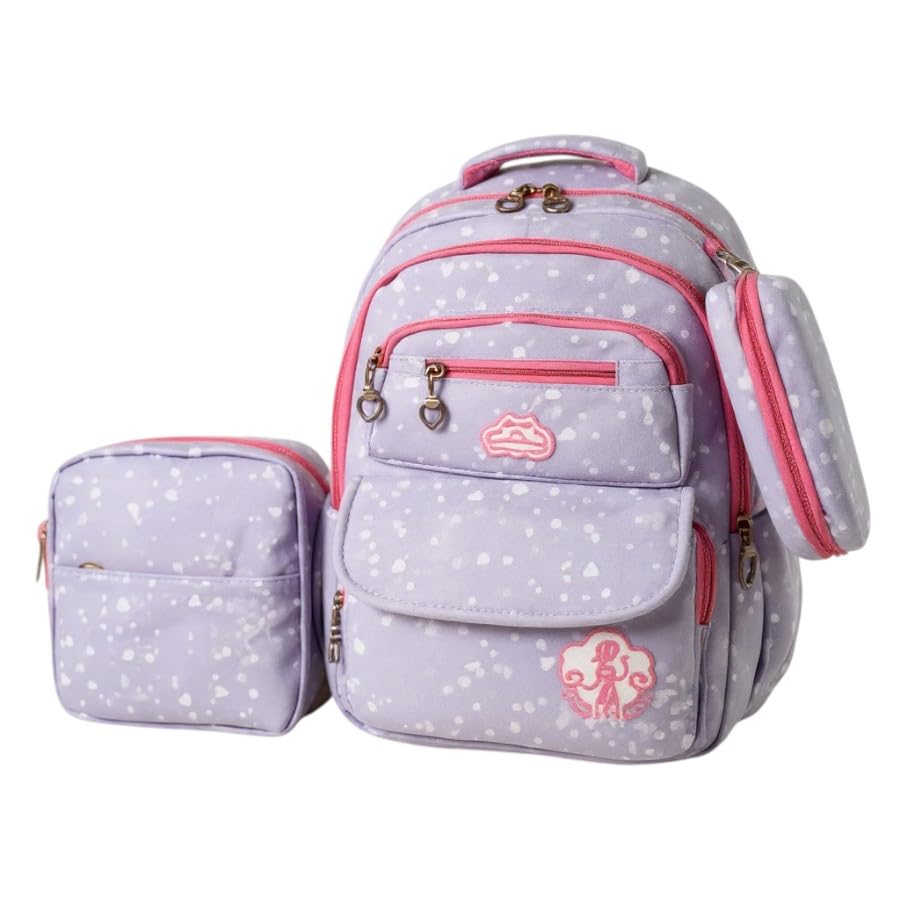 Mochila Escolar Infantil, Kit 3 Peças com Estojo e Bolsinha, para Meninas 7-12 Anos (LÍLAS)