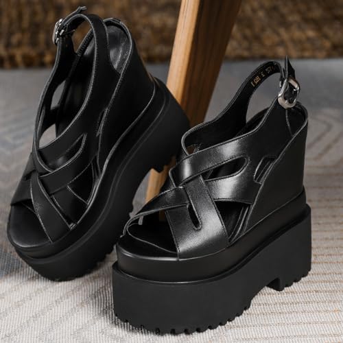 Summer New Retro Super High Wedges Heels Platform Peep Toe Cross-tied Buckle Strap Genuine Leather Women Gladiator Sandals 2403062
