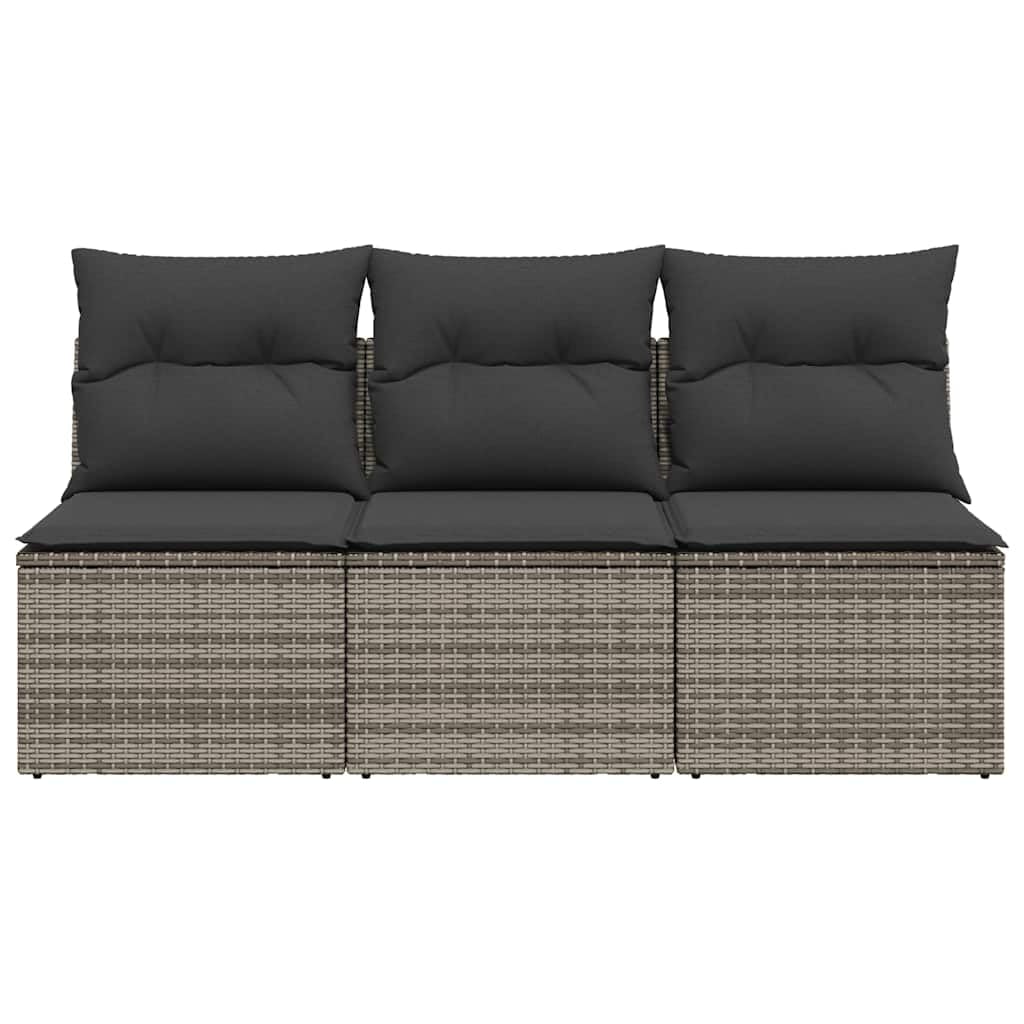 Divano da giardino con cuscino, 3 posti, grigio, in polyrattan, per esterni e terrazze, resistente alle intemperie, per salone da giardino, balcone, giardino, terrazza, 3 pezzi centrali
