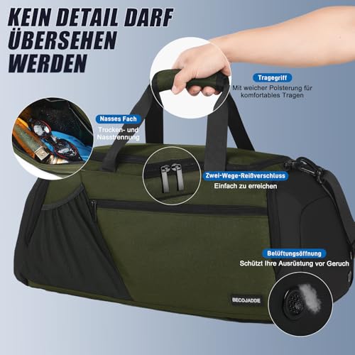 Sporttasche Herren 40L Groß Sporttaschen Reiserucksack Mehrere Taschen Rucksack mit Schuhfach Nassfach Wasserdicht für Schulter und Hand Trainingstaschen Weekender Tasche Sports Bags Armeegrün