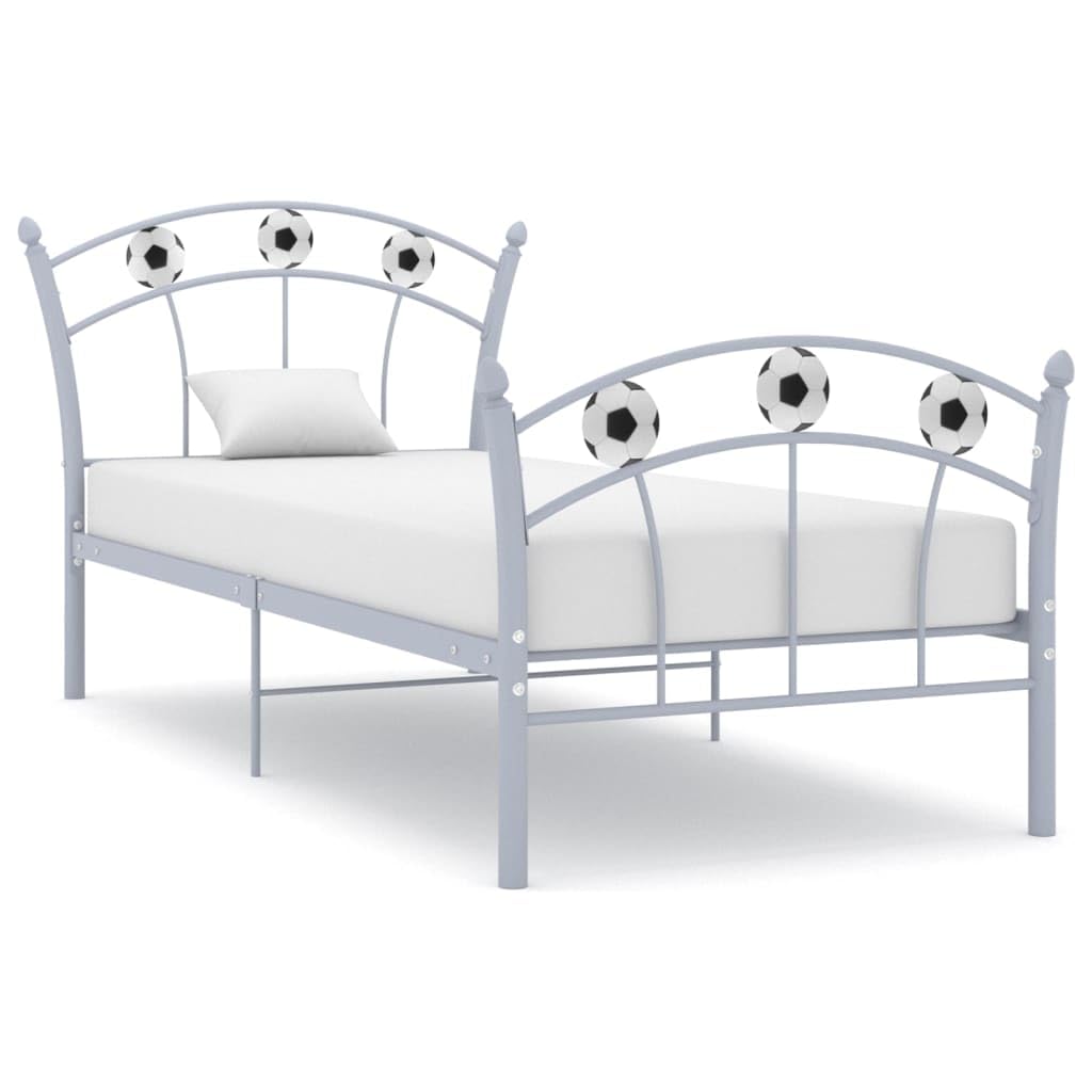 Kinderbett 90x200 cm aus Metall - Einzelbett im Fußball-Design mit Lattenrost, Stabiles Jugendbett für Jungen & Mädchen, Graues Metallbett für das Kinderzimmer, 207,6x95,8x101 cm
