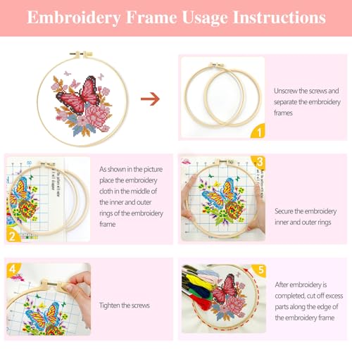 Image of Zhenqing 4 Butterflies Cross Stitch Kit for Beginners, 11CT Printed 20x20cm with Hoop, Floral Butterfly Embroidery Set(68093)
