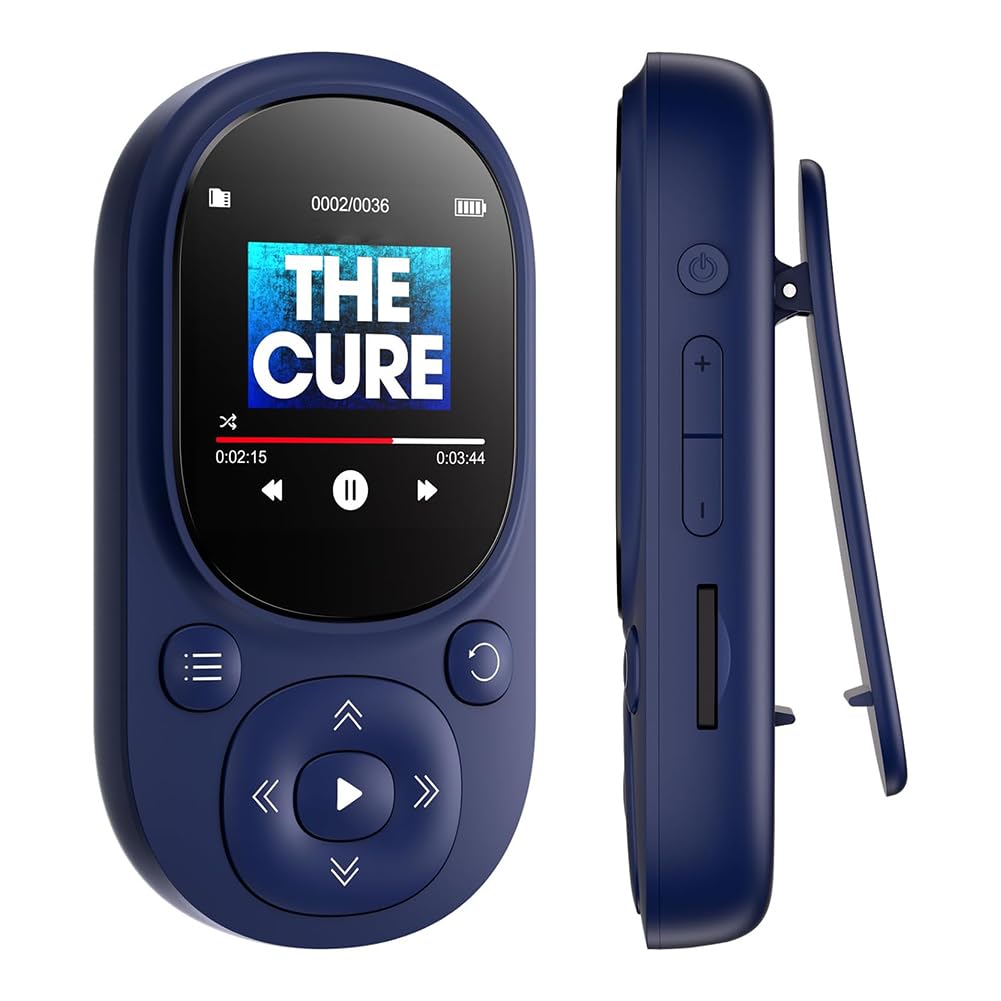 Lettore MP3 con Clip da 32 GB Lettore Musicale Portatile Lettore MP3 MP4 Bluetooth con Contapassi con Registrazione Radio FM per Bambini Facile Installazione Blu