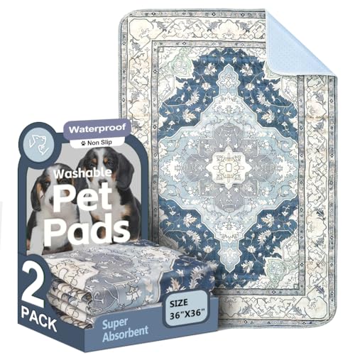 Image of Washable Pee Pads for Dogs, 2 Pack Reusable Puppy Training Pads 36 inchx36 inch Super Absorbent Waterproof Dog Training Pads, Non-Slip Potty Pads, Whelping Pads Litter Mat Navy & Ecru