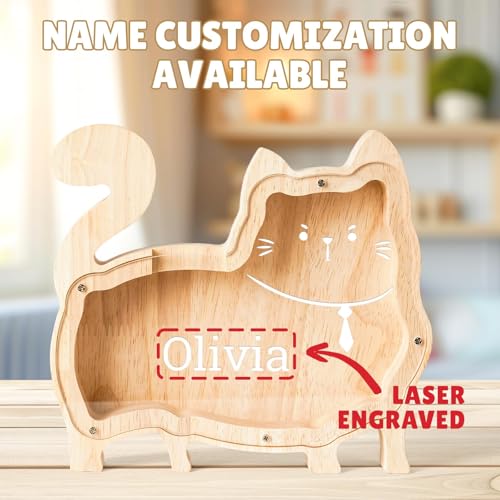 Image of Personalized Wooden Cat Piggy Coin Banks for Kids Name