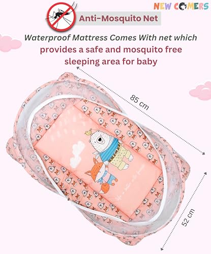 Image of NEW COMERS Baby Bedding Set for New Born Cotton 6 Pieces Foldable Set with Pillow Bolster Mosquito Net | Baby Playmat and Cot |Toddler Mattress - 85X52X6 cm (Upto 18 Months) | (Peach)