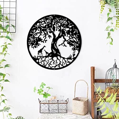 Pduoduo 50cm Black Metal Tree of Life Wall Decor Silhouette Art(with giraffe) for Gift Present Indoor Outdoor Garden Home Decoration (19.7inch)
