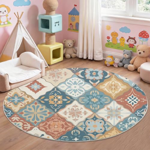 Tapis rond 90 cm bleu multicolore patchwork pour salon et chambre - 5