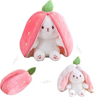 Easter Bunny Stuffed Animal, Strawberry Pillow, Reversible Floppy Ear Bunny, Carrot Pillow, Strawberry Plush with Zipper, Cute Rabbit Plushie Birthday Gift for Boys Girls (Strawberry,7in)