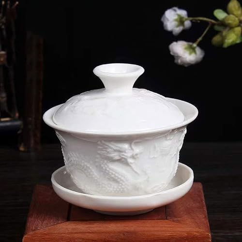 Honheam Relief Dragon White Porcelain Gaiwan, Chinese Embossed Dragon Style White Ceamic Gaiwan, Kung Fu Tea Bowl Traditional Teacup (Yuan Long) #TOP5