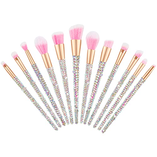 Makeup Brushes Bling Crystal Professional Face Cosmetics Blending Liquid Foundation Powder Concealer Eye Shadows Make Up Beauty Tool Glitter 12PCS (Pink)