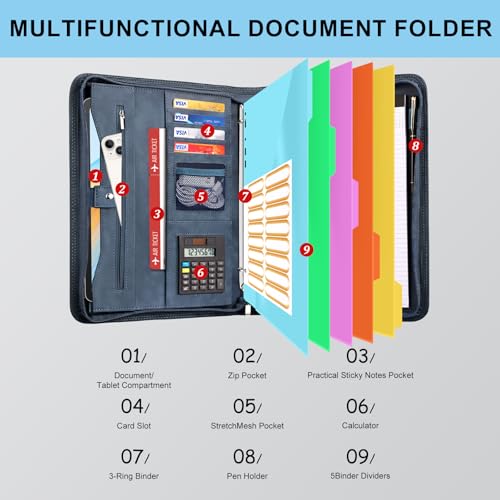 Image of Eshow Portfolio Organizer - 3 Ring Binder with Zipper, Vegan Leather Business Padfolio Folder with Notepad Includes 5 Color Sheet Protectors for Documents Files for Men Women