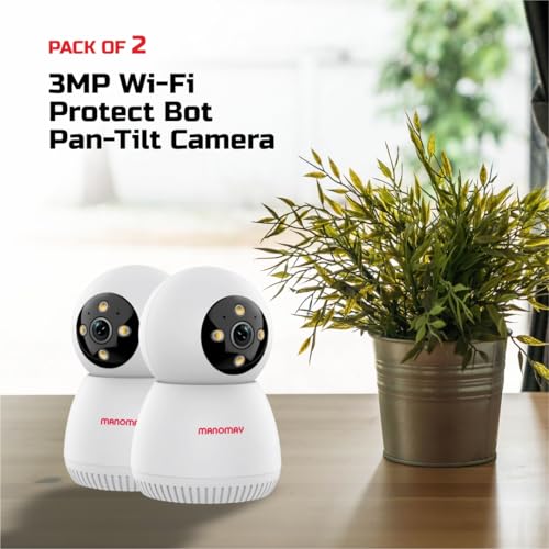 Image of MANOMAY Protect Bot 3MP Wi-Fi Camera | STQC Certified Smart Home CCTV | 360 AI Human Tracking & Color Night Vision | Alexa Voice Control | Supports 256GB Memory Card (M1078S - Pack of 2)