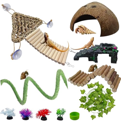 Blinvcra 12-in-1 Hermit Crab Accessories Kit 2026 New Kit for Bearded Dragon Coconut Shell Hideout Climbing Bridge Hammock Vines & Plants Reptile Terrarium Decor for Gecko Lizard Amphibians