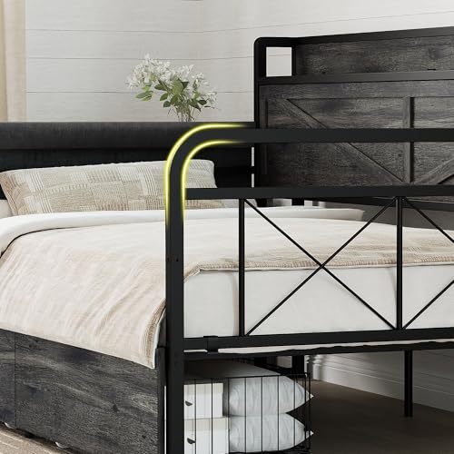 Image of LIKIMIO Twin Daybed with Farmhouse Storage Headboard | Day Bed with 2 Storage Drawers, Side Pocket, Built-in Charging Station, Charcoal Grey