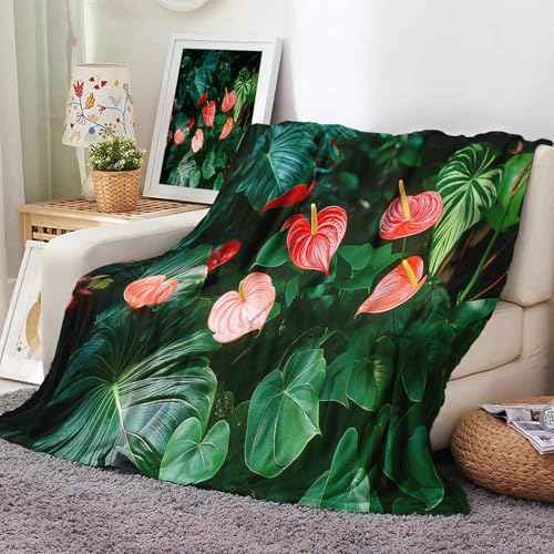 MIATCENRT Coperta Verde Giardino Per Divano, 130X150Cm Leggero Coperte Flanella, Anthurium Foglie Coperta Soffice E Confortevole Per Divano, Letto, Adulto, Coperta Letto Matrimoniale