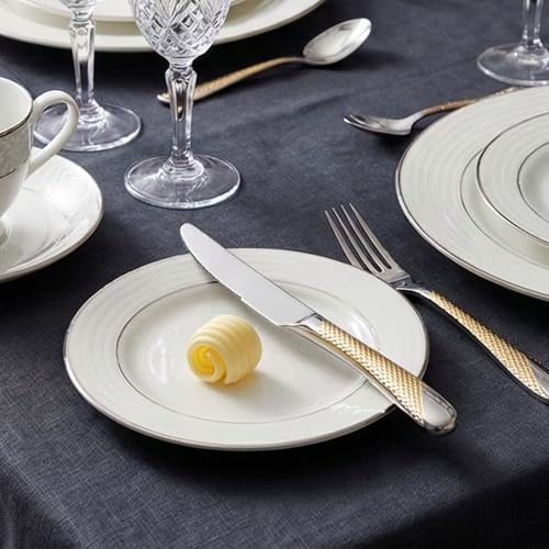 Image of Sterling Silver With Golden Handle French Style Silverware | 5-Piece Hammered Dinner Knife Set with 2-in-1 Serrated Steak Knife | Flatware Cutlery for Home, Restaurants & Gifting