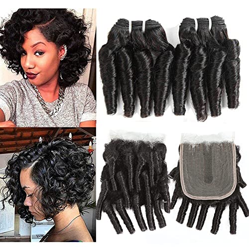 Molefi Brazilian Funmi Hair Curly Weave 4 Bundles with Lace Closure Spiral Curl Hair Bundles with 2x4 Closure 100% Human Hair Extensions 50g/pc Natural Black (8 8 8 8 +8)