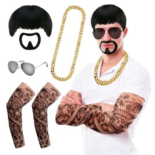 HEUIOP Ibiza Final Boss Costume Accessory Set 5 Pcs Kit with Bowl Cut Wig Glasses Gold Chain Goatee and Tattoo Sleeve for Funny Fancy Dress Festivals and Parties