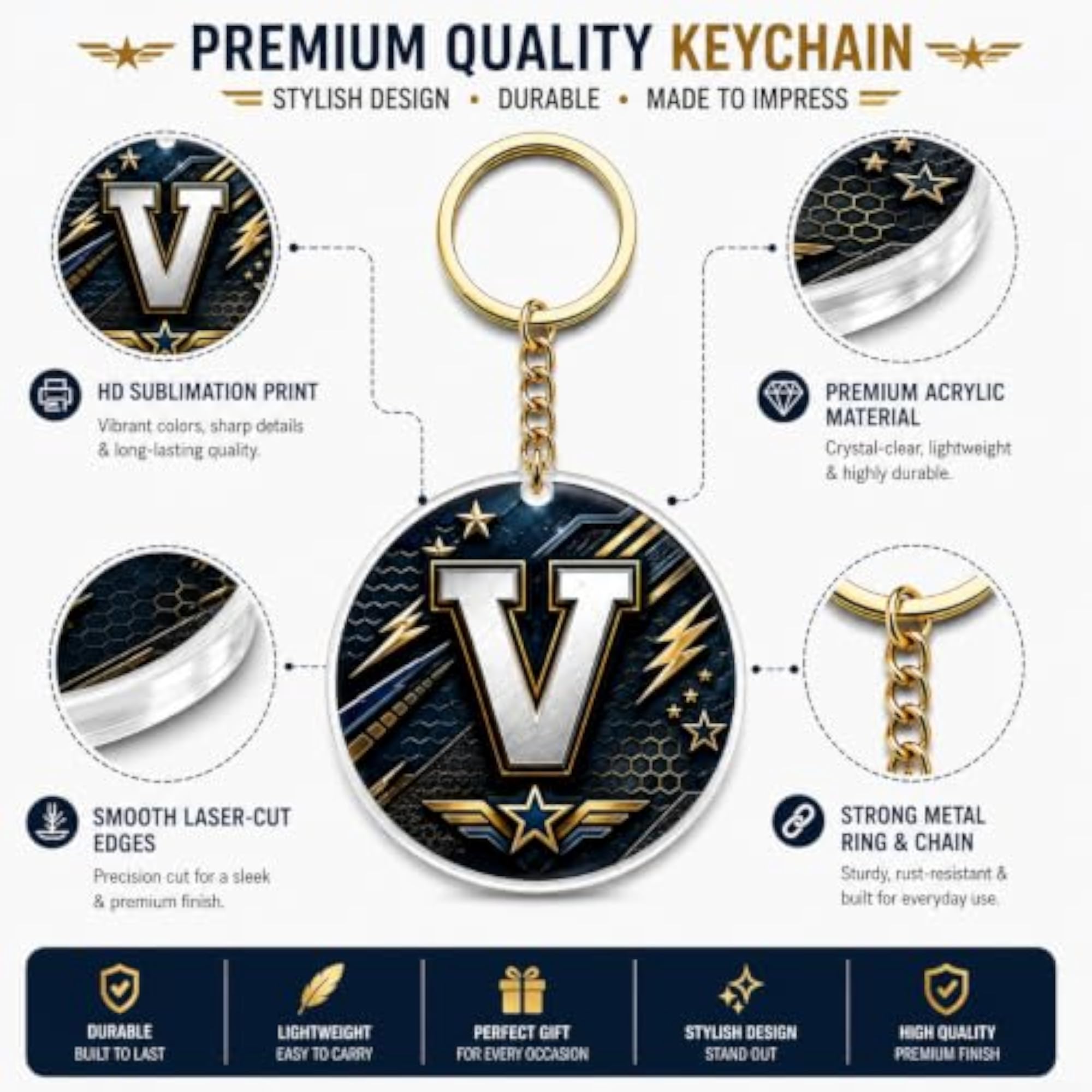 Acrylic V Letter Keychain with Metal Ring, Stylish Bag Charm