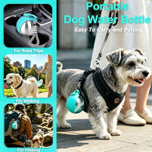 Image of Dog Water Bottle Portable, 2in1 Round Dog Water Bowl Stainless Steel 10oz
