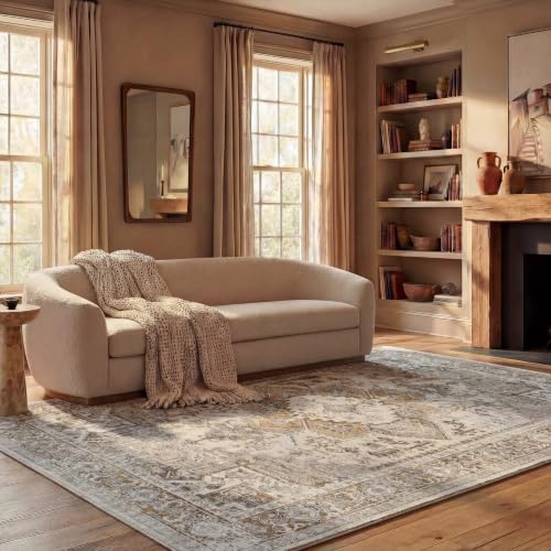 Alfombra tradicional de 240 x 300 cm beige y oro antideslizante lavable 2