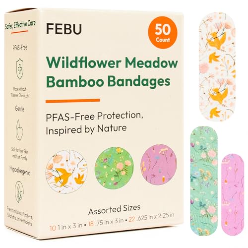 FEBU Wildflower Print Bamboo Fabric Bandages | PFAS Free Flexible Fabric Bandages | Natural Hypoallergenic Bandage for Scrapes Cuts & First Aid | Compostable Latex Free Bandage | 50 Count Strip