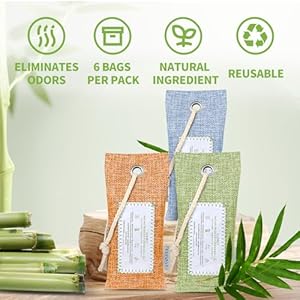 CLEVAST 6 Pack Bamboo Charcoal Air Purifying Bags(6x60g), Activated Natural Home Odor Absorber, Deodorizer and Moisture Eliminator, Purifier for Closet, Shoe, Car Air freshener, Pet Safe