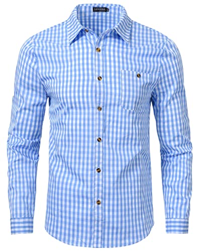 LUYANA Oberhemden Herren Langarm Freizeit Hemd Herren Plaid Oktoberfest Hemd Bayerischer Stil Hellblau XL