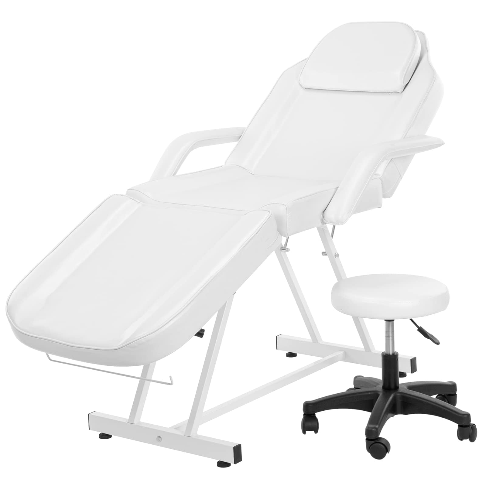 LEADZM Massageliege Klappbar Kosmetikliege mit Rollhocker 3 Zonen Höhenverstellbar Massagetisch Massagebett mit Rollhocker Drehhocker, Friseurstuhl für Friseur Spa Schönheitssalon Ausrüstung (Weiß)