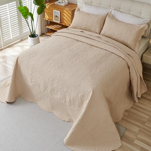 Image of EVENHUG Oversized King Bedspreads California King Quilt Set with Pillow Shams Extra Wide Large King Size Quilts Lightweight Coverlet Bedding Sets Beige 120 inchx120 inch
