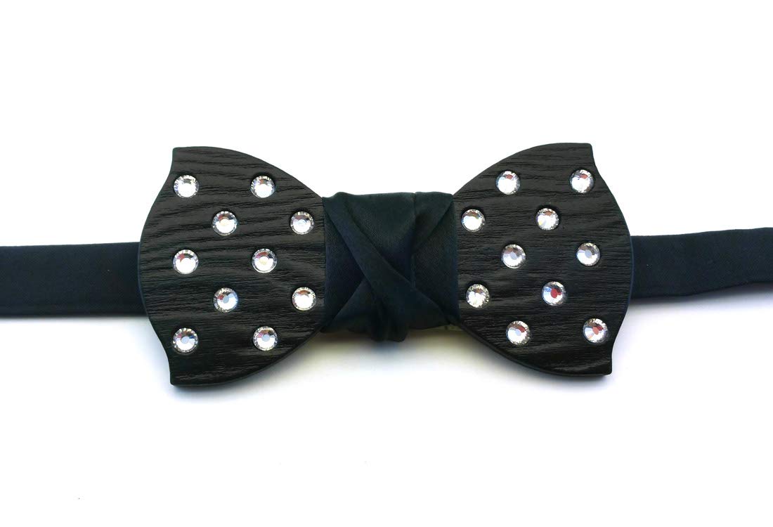 Papillon legno GIGETTO Strass Argento Nodo Raso Nero Made in Italy