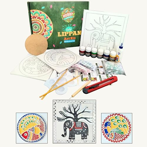 Image of HobbyNest DIY Lippan Art Kit - Madhubani Folk Art | 3 Pre-Outlined Canvas Boards | Complete Craft Kit | Indian Art Hobby Kit | Wall Decor | Gift (Madhubani Set)