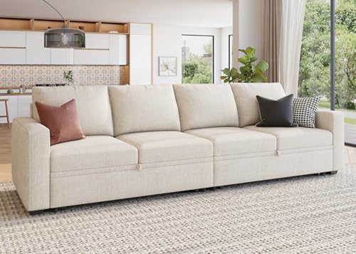 Image of HONBAY Modular Sectional Sleeper Sofa Bed, with Pull Out Bed, Linen Convertible Sectional Couches for Living Room - Beige