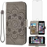 Compatible with iPhone 6 6s Wallet Case Tempered Glass Screen Protector Flip Cover Card Holder Cell Phone Cases for iPhone6 Six i6 S iPhone6s iPhine6s iPhones6s i Phone6s Phone6 6a S6 Women Men Gray