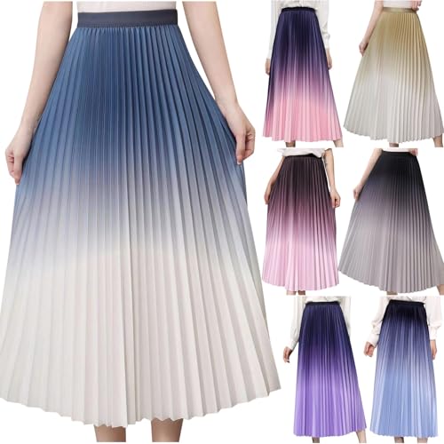 Ombre Pleated Midi Skirt for Women Gradient High Waist Flowing