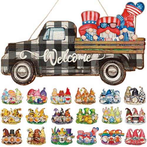 Chitidr 23 Pcs Spring Interchangeable Gnome Welcome Sign Summer Wooden Gnomes Sign Truck Decor Seasonal Hanging Sign Rustic Truck Welcome Door Decor for Spring Summer Holiday(Black White)