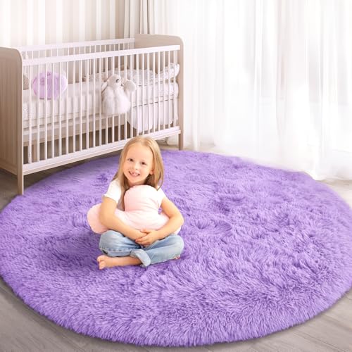 KIXINWA Round Rug for Bedroom, 4x4 Fluffy Soft Circle Area Rugs for Kids Girls Nursery Room, Washable Plush Shaggy Indoor Floor Bedside Living Room Circular Carpet, Home Decor Aesthetic, Purple