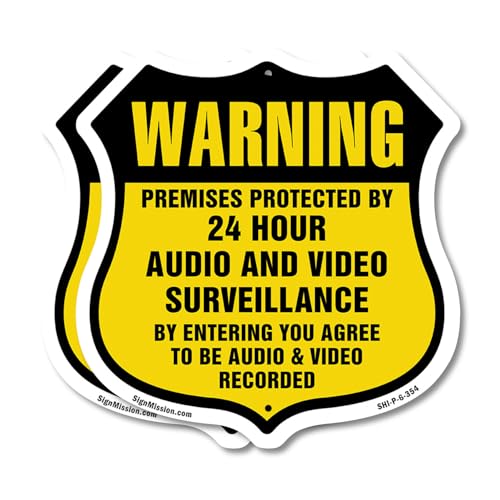 Warning Premises Protected By 24 Hour Audio And Video Surveillance By Entering You Agree To Be Audio & Video Recorded (2 Pack) 6 inch X 6 inch Shield Shaped Commercial Grade Plastic Signs