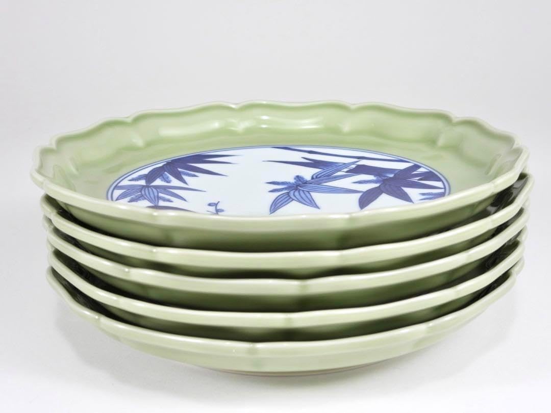 青磁の大皿(5枚) 源右衛門作 青磁見込 大皿5枚 共箱 直径22cm