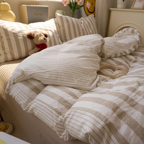 Image of VM VOUGEMARKET Kids Teens Twin Duvet Cover Set Khaki Striped Bedding Set Khaki White Stripes Duvet Cover with 2 Pillowcases Soft Lightweight Microfiber Farmhouse Comforter Cover-68 x86