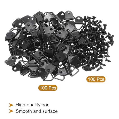 Image of uxcell 100Pcs Triangle Ring Iron Picture Hangers with Screws, Single Hole with Screw Small Decor Hooks for Hanging Picture Clock, Paintings Artwork Picture Frame Hook Photos Black