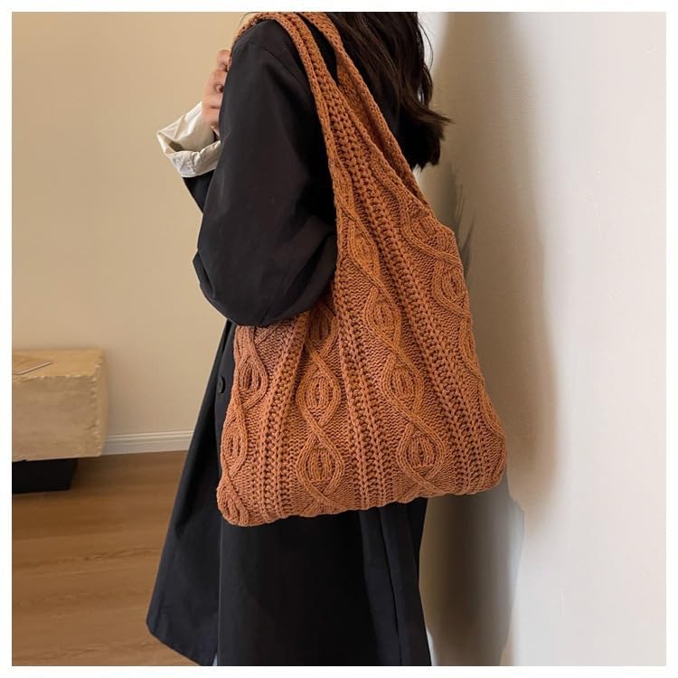 Bolsa de Ombro de Crochê para Mulheres, Bolsa de Praia de Malha, Bolsa de Verão de Tricô, Bolsa Boho, Bolsa de Praia para Férias, Marrom, Tendência